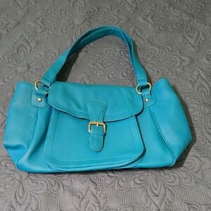 Blue Shoulder Bag with Gold Buckle and Slouchy Shape